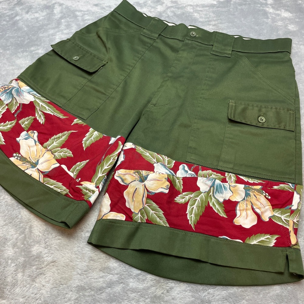 Vintage Sportif Mens Floral Cargo Shorts Size 34 Green Hibiscus Custom DIY